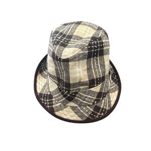 GUC Men's Fedora Hat Brown/Cream Plaid Brown Trim Cotton/Polyester Size L/XL